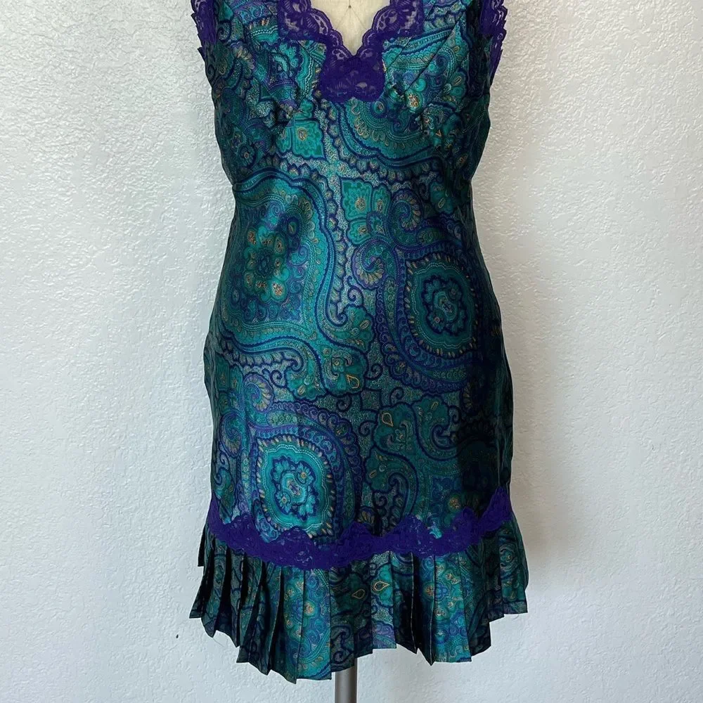 Vintage gold label VS Victorias Secret teal paisley lace Y2K mini slip dress S